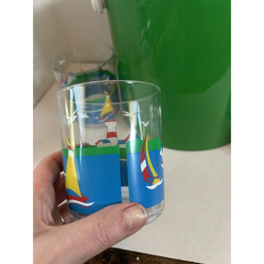 Vintage Shelton Ware Ice Bucket Set Green 4 Sailboat Plastic Tumblers Nautical